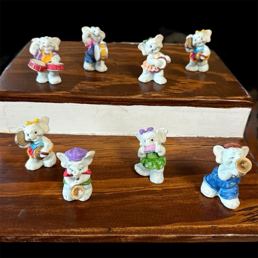 Vintage JC 1994 Colorful Elephant Band Figurine Collectible Set of 8